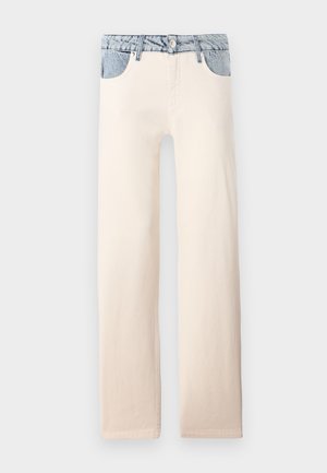 Heledad beežid sirged teksad, millel on helesinine denim vöökoht ja tasku aktsendid, valmistatud puuvillast sujuva tekstuuriga.