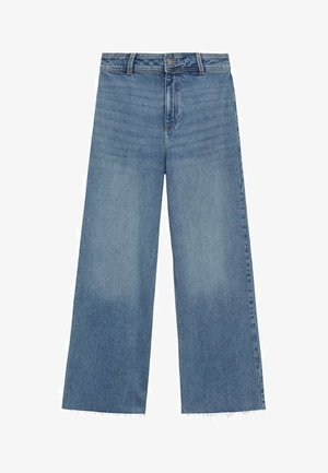 Light blue wide-leg jeans made of denim, featuring a frayed hem and classic five-pocket design, with a button and zipper closure at the front.