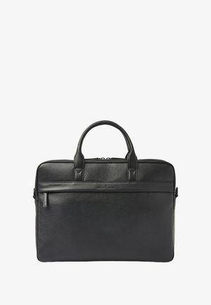 Maletín negro de cuero texturizado con dos asas y un bolsillo frontal con cremallera horizontal, diseñado para uso profesional.