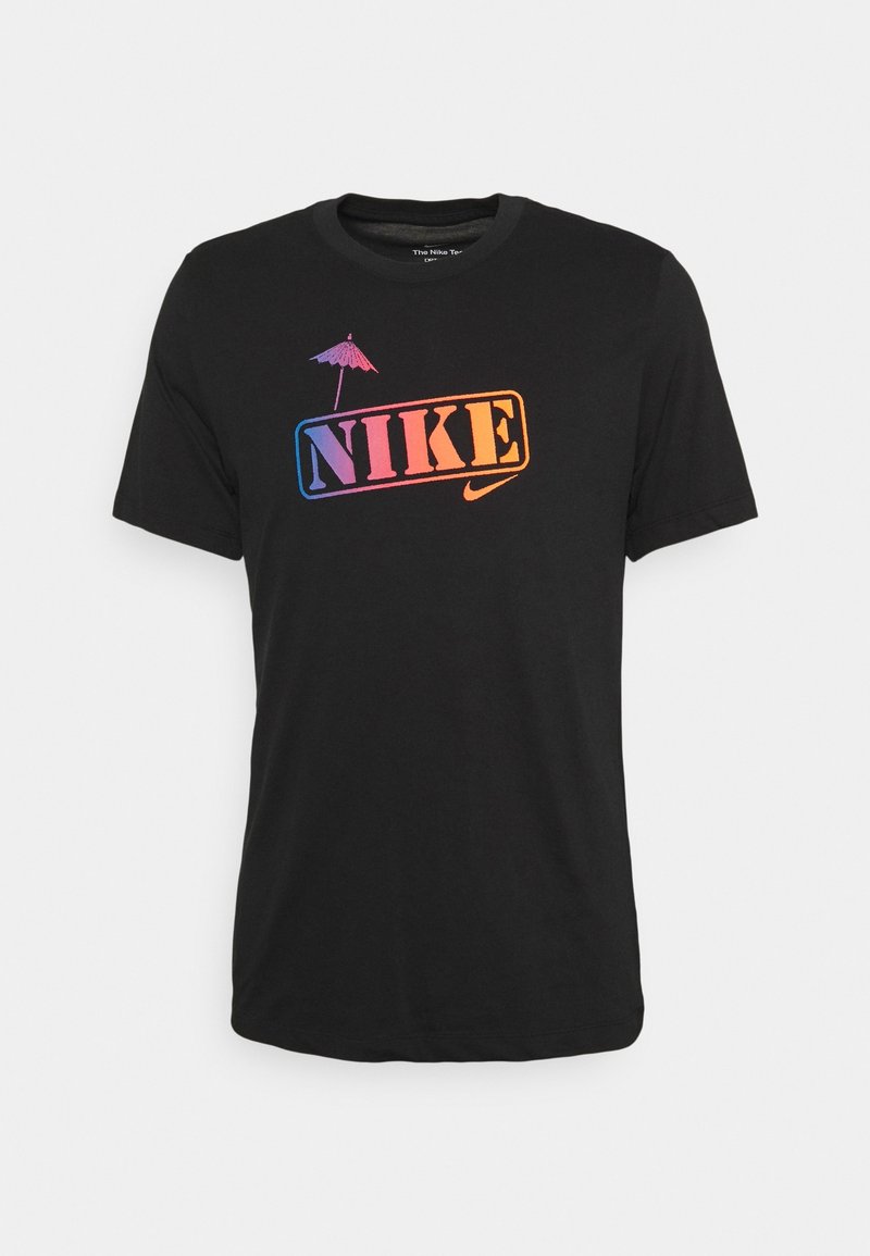 Black cotton t-shirt featuring a multicolored gradient "NIKE" logo with an umbrella icon above, round neckline, and short sleeves.