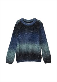 Sweter dziany z gradientem od ciemnoniebieskiego do jasnoniebieskiego, z okrągłym dekoltem i teksturowaną, grubą przędzą. Długie rękawy w zestawie.