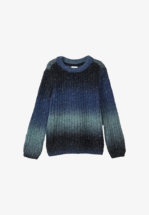 Strickpullover mit Farbverlauf von Dunkelblau zu Hellblau, rundem Ausschnitt und strukturierter, grober Wolle. Mit langen Ärmeln.
