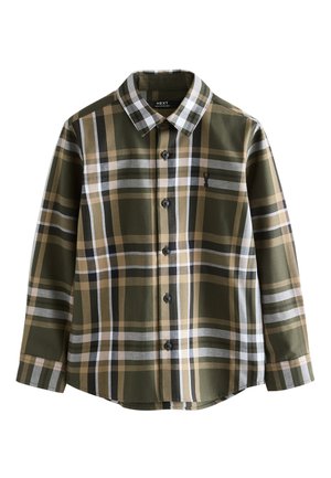 Grønternet langærmet skjorte med knapper, der har sorte, beige og hvide striber, med klassisk krave og et lille logo på brystet.