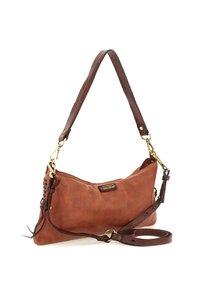 Borsa a tracolla in pelle marrone con una finitura morbida e testurizzata, dotata di chiusura con zip e tracolla regolabile con dettagli in metallo dorato.