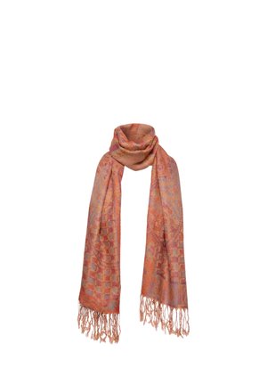 Blødt vævet tørklæde med orange, pink og lavendel paisley- og ternede mønstre, med frynser i enderne, draperet med en løkke i toppen.