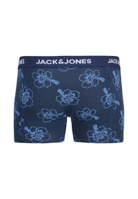 Boxers bleu marine avec un motif de fleurs d'hibiscus en bleu clair. La ceinture élastique porte le logo "JACK & JONES" en blanc. Matière en mélange de coton.