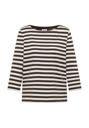 Chemise à manches longues à rayures horizontales marron et blanches avec un col rond, présentée à plat sur un fond blanc.