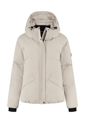 Beige gewatteerde winterjas met verstelbare capuchon, ritssluiting aan de voorkant, drukknoopsluiting en twee schuin geplaatste zakken aan de voorkant.