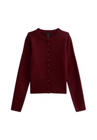 Bordeaux gebreide cardigan met lange mouwen, geribde manchetten en zoom, en knoopsluiting aan de voorkant. Soepele textuur, klassieke ronde halslijn.