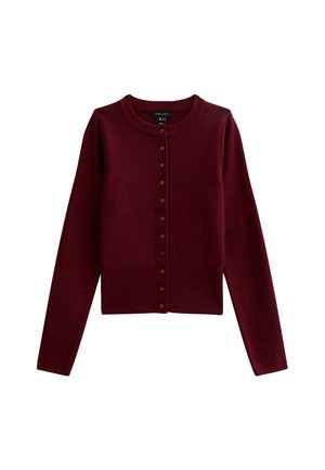 Burgundy knitted cardigan with long sleeves, ribbed cuffs and hem, and front button closure. Smooth texture, classic round neckline.