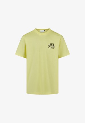 Yellow short-sleeve t-shirt made of cotton, featuring a black cartoon graphic on the left chest. Crew neckline with a relaxed fit.