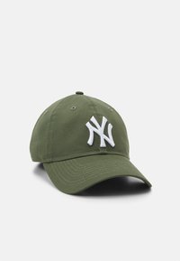 Olive green cotton baseball cap with a white embroidered NY logo on the front and a curved visor. Six ventilation holes are present.