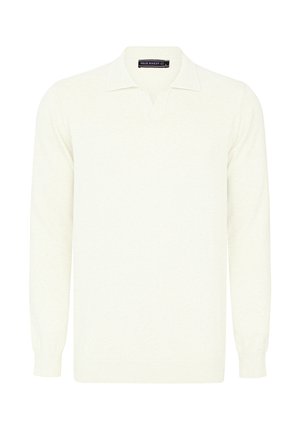 Długi rękaw, pulower bez kołnierzyka w odcieniu off-white, z prążkowanymi mankietami i dołem, wykonany z miękkiego, teksturowanego materiału.