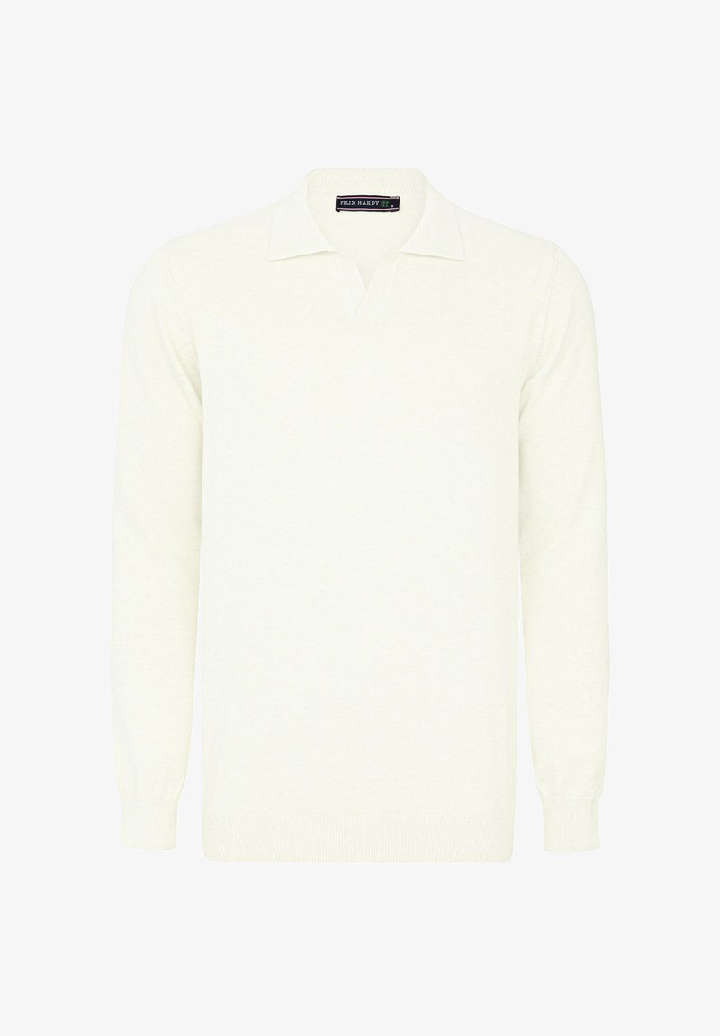 Langärmliger, kragenloser Pullover in cremeweiß mit gerippten Bündchen und Saum, aus weichem, strukturiertem Stoff gefertigt.