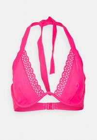 Top de bikini halter em rosa brilhante com detalhes em rendas em forma de ondulação, laços ajustáveis e fecho de plástico nas costas. Textura suave.