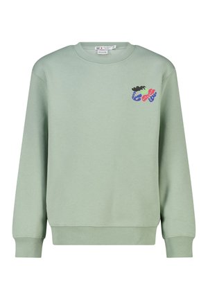 Lichtgroene crewneck-trui met klein abstract multicolor ontwerp op de bovenste linkerborst, lange mouwen en geribbelde boorden en zoom.