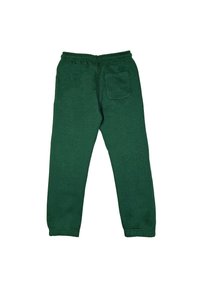 Pantaloni jogger verdi in cotone con vita elasticizzata, polsini a costine e una tasca posteriore. Tessuto morbido con un design monocromatico.