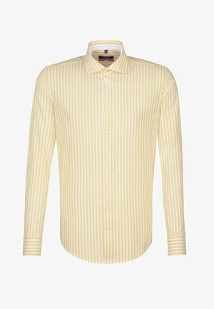 Gelb-weiß gestreiftes Langarmhemd aus einem glatten Stoff, mit einem klassischen Kragen und einer durchgehenden Knopfleiste mit weißen Knöpfen.