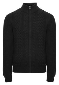 Cardigan en maille noire avec col montant et fermeture zippée intégrale. Présente des torsades texturées à l'avant ainsi que des poignets et un ourlet côtelés.