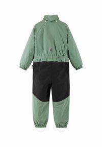 Green and black waterproof overall with elastic cuffs, high collar, contrasting textures, and a logo patch on the back.