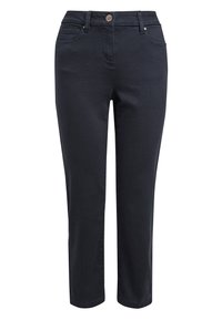 Tmavě modré slim-fit kalhoty s předním zapínáním na knoflík a zip, poutky na opasek a předními kapsami, vystavené na bílém pozadí.