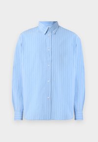 Camicia azzurro chiaro con bottoni, realizzata in tessuto morbido, con strisce bianche verticali, colletto a punta e maniche lunghe con polsini abbottonati.