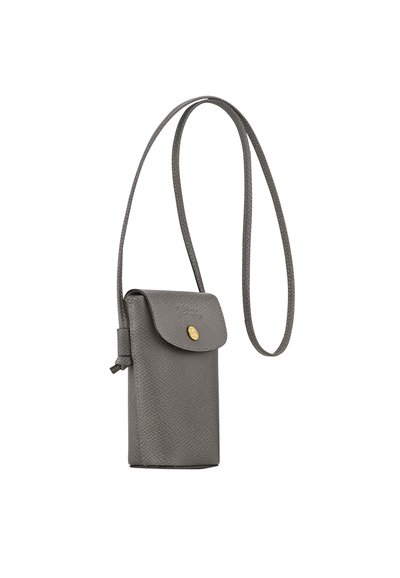 Gray leather crossbody bag with a textured surface, flap closure, and a gold-tone button. Features a long, adjustable strap.