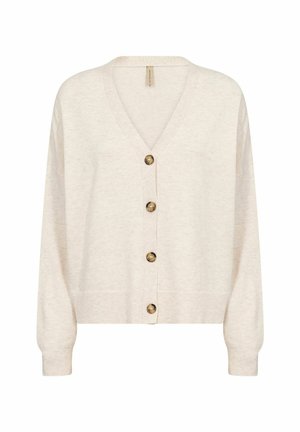 Šviesiai smėlio spalvos kardiganas su V formos iškirpte, ilgomis rankovėmis, penkiais auksinės spalvos mygtukais priekyje ir raukšlėtu apvadu bei rankovėmis. Minkštas audinys.