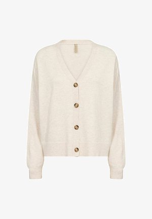 Heled pruun kardigan V-kaelusega, pikkade varrukatega, viie kuldse nööbiga ees ja soonikkrae ning -varrukatega. Pehme kangastekstuuri.