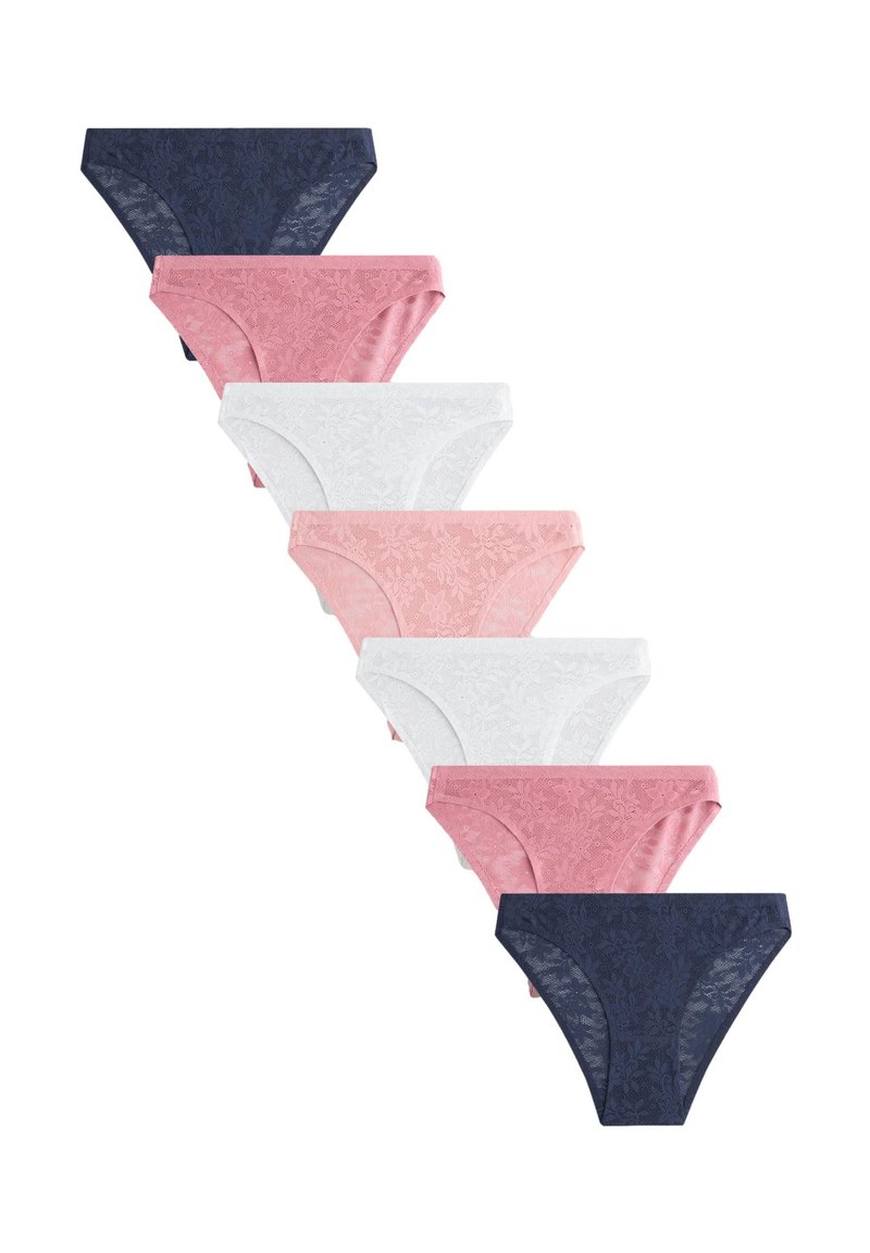 Ensemble de sept culottes en dentelle pour femmes, en bleu marine, rose, rose clair et blanc. Motif floral avec une texture douce et une ceinture élastique.