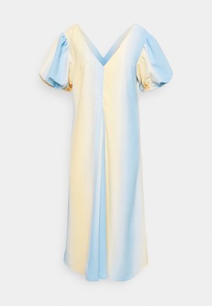 Dress with short puffed sleeves, V-neckline, and vertical color gradient in soft pastel blue and cream tones.