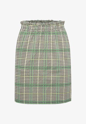 Skirt with a smocked waistband, featuring a checkered pattern in green, black, and cream colors. Made from lightweight fabric, above-knee length.