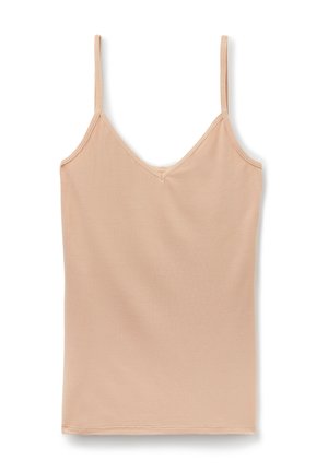 Perzikkleurig tanktop met dunne bandjes, een V-halslijn, en een gladde, rekbare stof. Heeft een eenvoudig ontwerp zonder patronen of accenten.