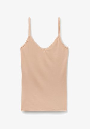 Pfirsichfarbene Tanktop mit dünnen Trägern, einem V-Ausschnitt und glattem, elastischem Stoff. Das Design ist schlicht und hat keine Muster oder Akzente.