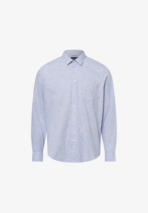 Helles blaues Langarm-Hemd mit Knopfverschluss aus strukturiertem Stoff, mit spitzem Kragen und einer einzelnen Brusttasche.