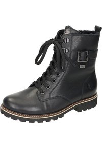 Schwarze Leder-Ankle-Boots mit runder Zehenform, Schnürung vorne, Schnalle an der Seite, robuster Sohle und kontrastierendem weißen Nähten.