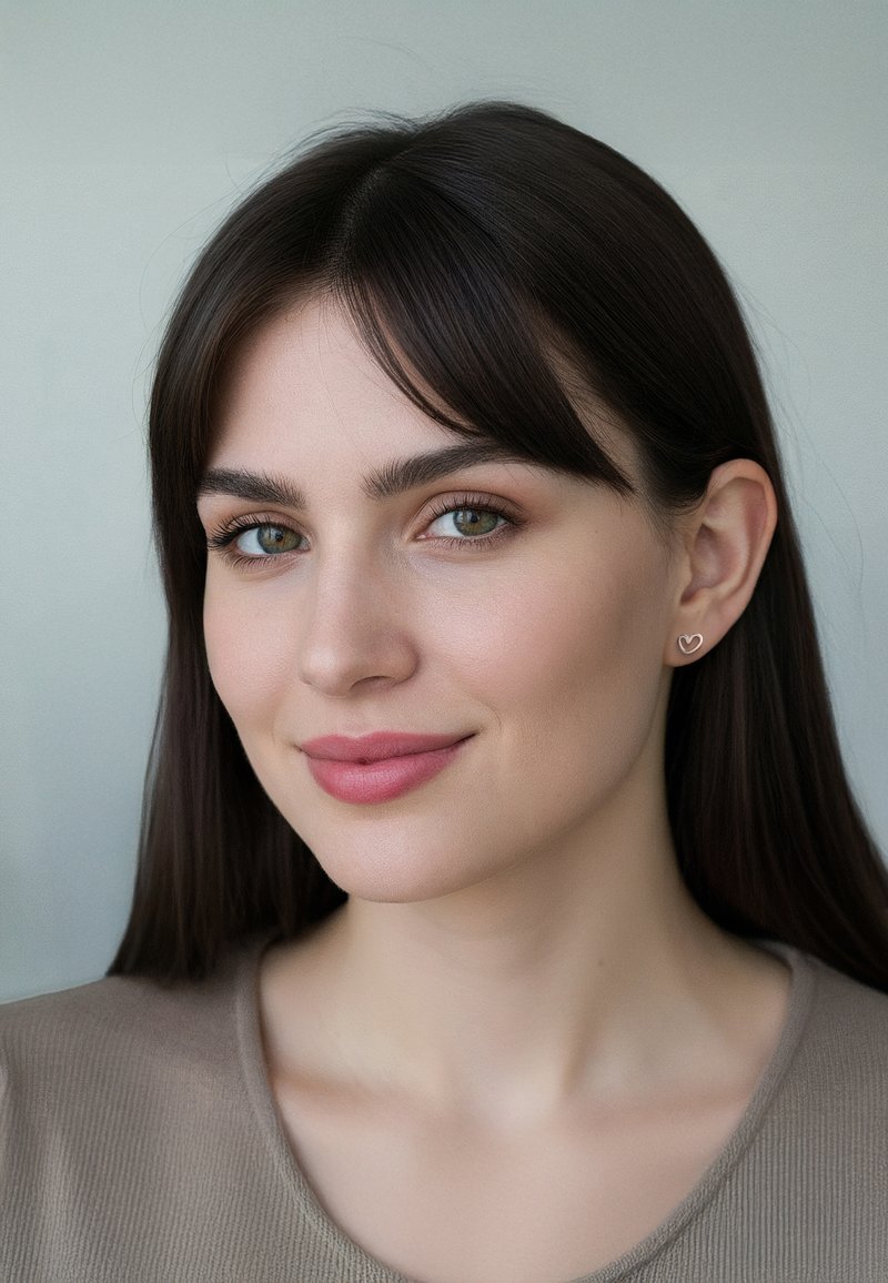Silverörhängen formade som hjärtan, mjuka rosa läppar, lätt smink, slät hud och medelhårig brunt hår i en naturlig stil. Neutral bakgrund.