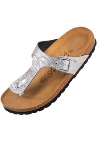 Silver textured thong sandal with a buckle detail. Cork footbed and black rubber sole, featuring a smooth finish and rounded shape. Size 36.