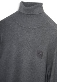 Grijze coltrui van zachte stof. Voorzien van een geribde kraag en schoudernaden. Inclusief een klein logopatch aan de voorkant.