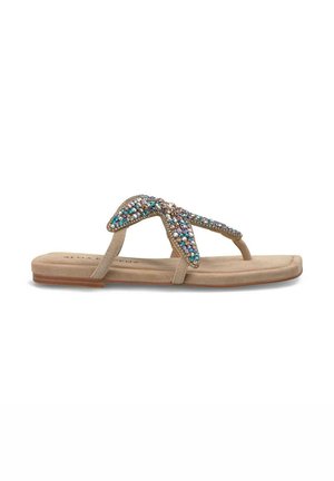 Infradito beige con una fascia a forma di V decorata con strass multicolori, suola piatta e una morbida texture in suede.