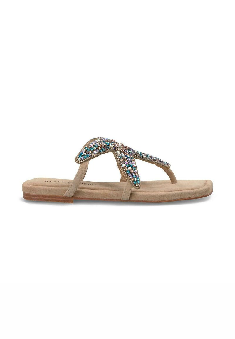 Chanclas beige con tiras en forma de V adornadas con strass multicolores, suela plana y textura suave de ante.