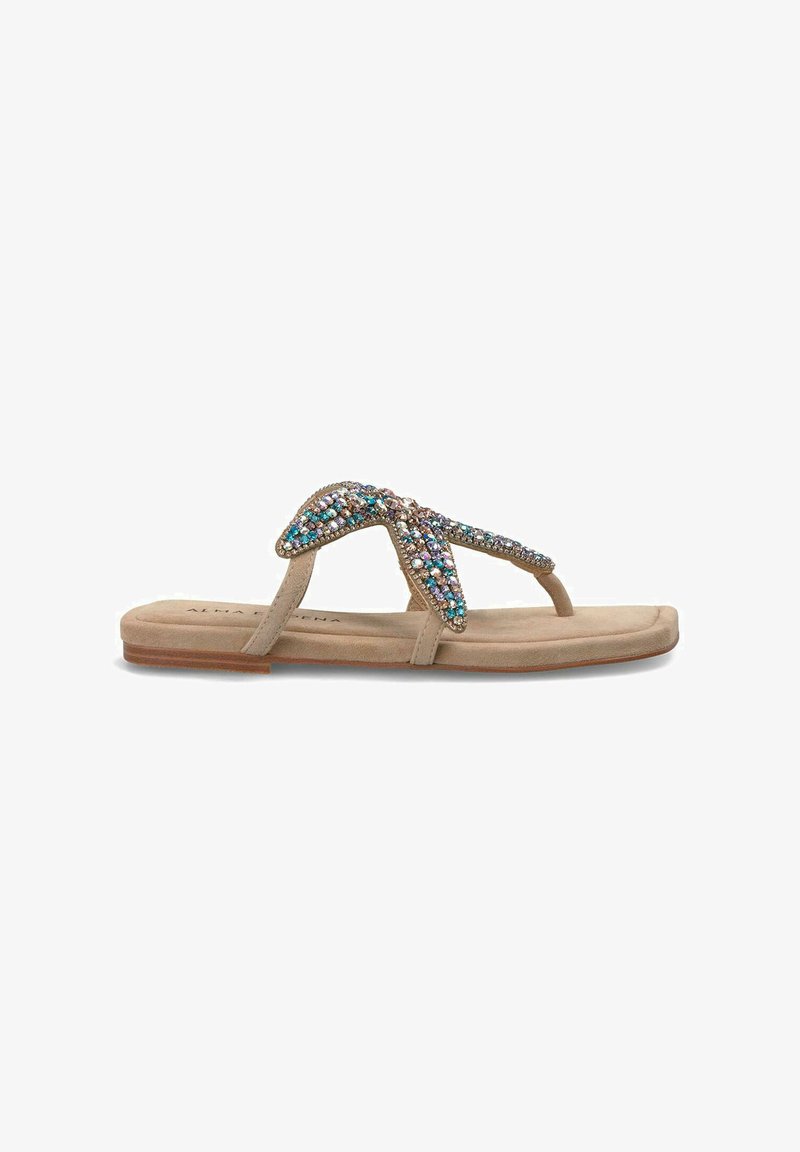 Infradito beige con una fascia a forma di V decorata con strass multicolori, suola piatta e una morbida texture in suede.