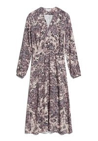 Maxiklänning med långa ärmar i blommönster som har nyanser av mauve, kräm och mörklila, med V-ringning och rynkad midjedetalj.