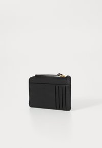 Black leather wallet with a zip closure, featuring five card slots on one side and embossed logo on the front. Smooth texture.