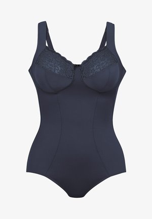 Dark navy bodysuit with lace-accented cups, adjustable straps, and smooth texture. Features seamless design and a subtle neckline bow detail.