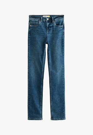 Slim-fit blue jeans with a medium wash, 5-pocket design, button closure, and straight leg cut. Made of denim with slight stretch.