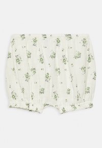 Calções de algodão leves em off-white com estampado floral verde, apresentando uma cintura elástica e aberturas nas pernas franzidas.