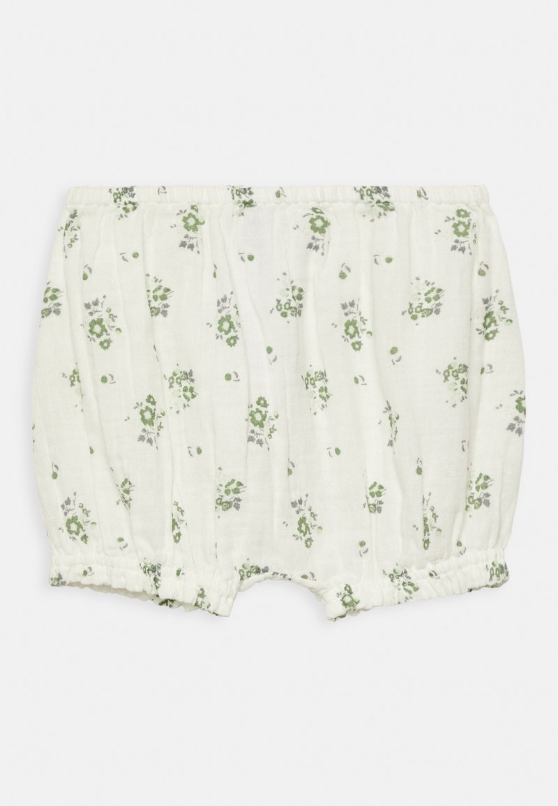 Calções de algodão leves em off-white com estampado floral verde, apresentando uma cintura elástica e aberturas nas pernas franzidas.