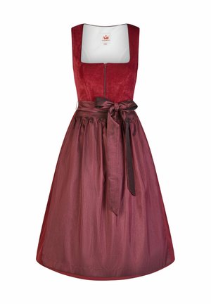 Traditional sleeveless burgundy dirndl dress with square neckline, front zipper, and matching satin waist bow tied at the front.