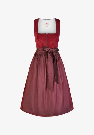 Traditional sleeveless burgundy dirndl dress with square neckline, front zipper, and matching satin waist bow tied at the front.